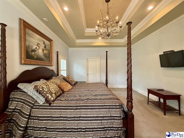 1219 Richard St, Dillon, SC 29536 - bedroom with a tray ceiling, a chandelier, light carpet, crown molding, and baseboards
