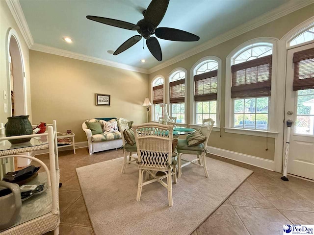 1219 Richard St, Dillon, SC 29536 - tiled dining area with ornamental molding, baseboards, a ceiling fan, and recessed lighting