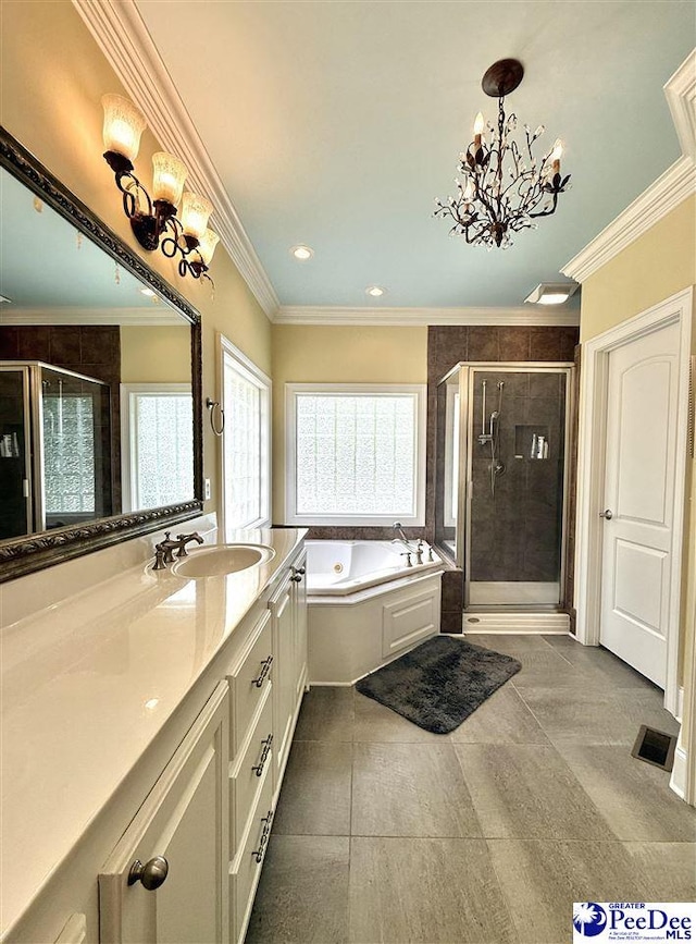 1219 Richard St, Dillon, SC 29536 - full bath with a chandelier, a stall shower, a bath, vanity, and crown molding