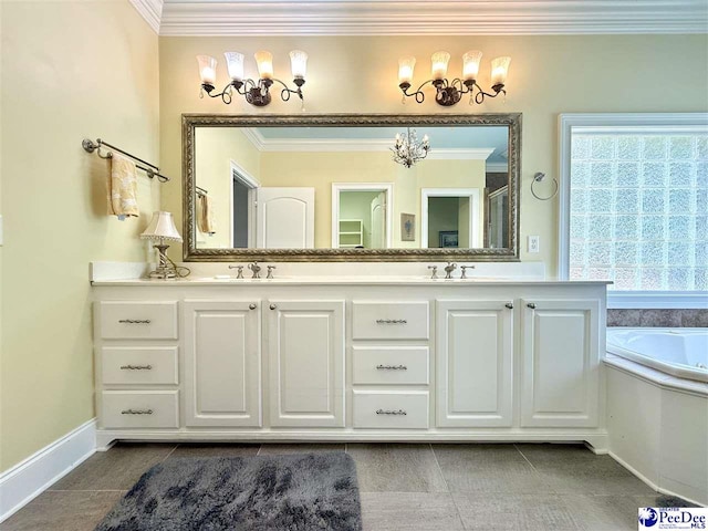 1219 Richard St, Dillon, SC 29536 - bathroom with a chandelier, ornamental molding, double vanity, a bath, and tile patterned floors