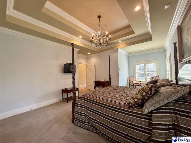 1219 Richard St, Dillon, SC 29536 - bedroom featuring a raised ceiling, a chandelier, light carpet, baseboards, and ornamental molding