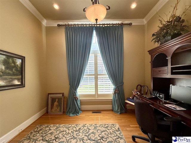 1219 Richard St, Dillon, SC 29536 - office area featuring ornamental molding, wood finished floors, baseboards, and recessed lighting