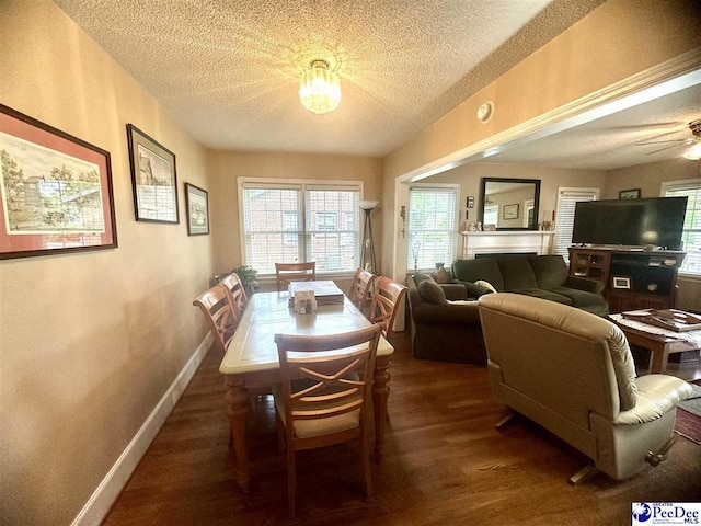 59 Lynn Ave, Cheraw, SC 29520 - dining area featuring a textured ceiling, wood finished floors, baseboards, ceiling fan, and a chandelier