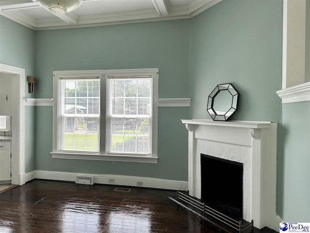 101 W Baptist St, Marion, SC 29571 - unfurnished living room with ornamental molding, a high end fireplace, dark wood-style floors, beam ceiling, and coffered ceiling
