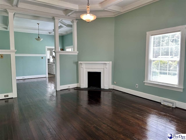 101 W Baptist St, Marion, SC 29571 - unfurnished living room featuring coffered ceiling, wood-type flooring, decorative columns, a fireplace, and crown molding