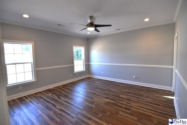 unfurnished room featuring ceiling fan, ornamental molding, and dark hardwood / wood-style flooring