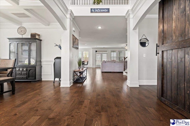 207 Compass Trl, Blythewood, SC 29016 - entrance foyer featuring baseboards, crown molding, beamed ceiling, wood finished floors, and coffered ceiling