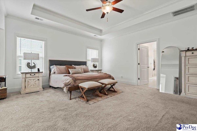 207 Compass Trl, Blythewood, SC 29016 - bedroom featuring carpet flooring, visible vents, crown molding, and a raised ceiling