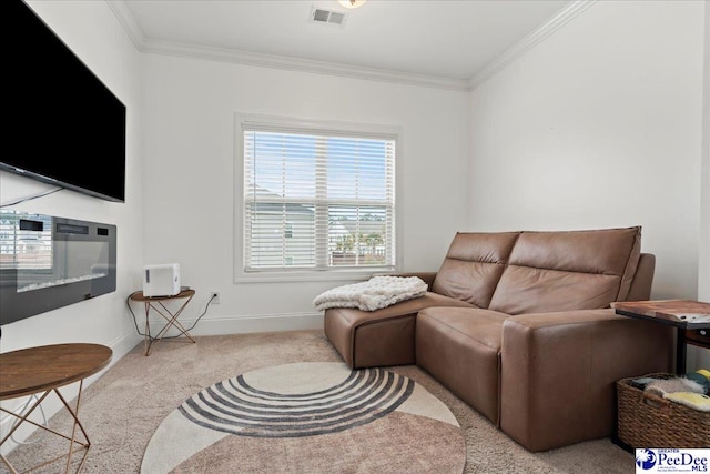 207 Compass Trl, Blythewood, SC 29016 - carpeted living room featuring visible vents, baseboards, and crown molding