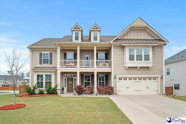 207 Compass Trl, Blythewood, SC 29016 - view of front of property featuring board and batten siding, a garage, a front yard, a balcony, and concrete driveway