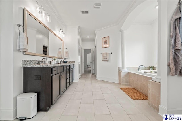 207 Compass Trl, Blythewood, SC 29016 - full bathroom featuring ornamental molding, tile patterned flooring, visible vents, a relaxing tiled tub, and a sink
