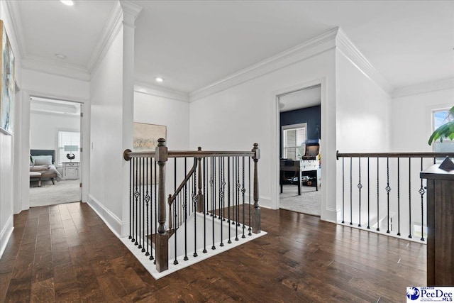 207 Compass Trl, Blythewood, SC 29016 - hall with crown molding, baseboards, an upstairs landing, and wood finished floors