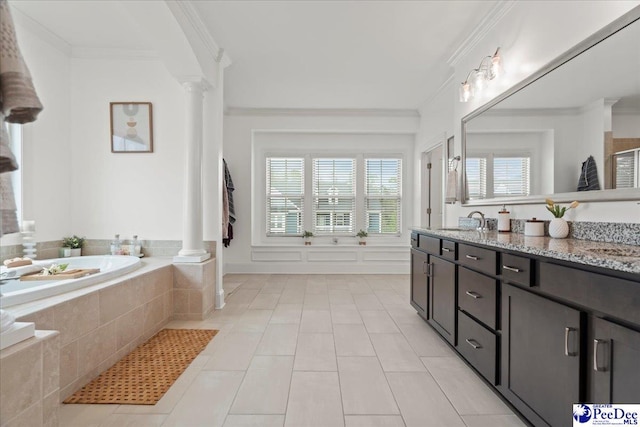 207 Compass Trl, Blythewood, SC 29016 - bathroom with a sink, ornamental molding, decorative columns, and a garden tub
