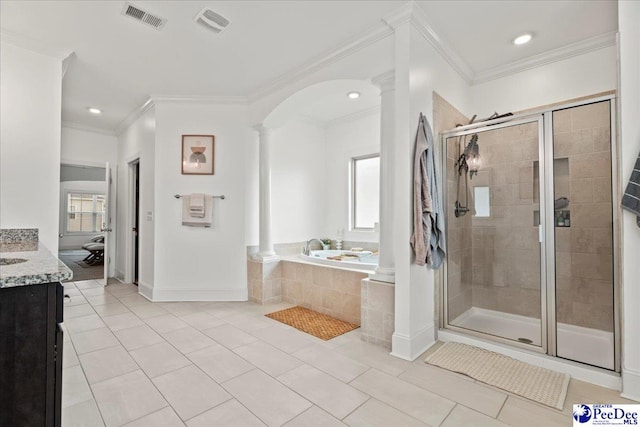 207 Compass Trl, Blythewood, SC 29016 - full bath featuring visible vents, ornamental molding, decorative columns, a shower stall, and tile patterned flooring