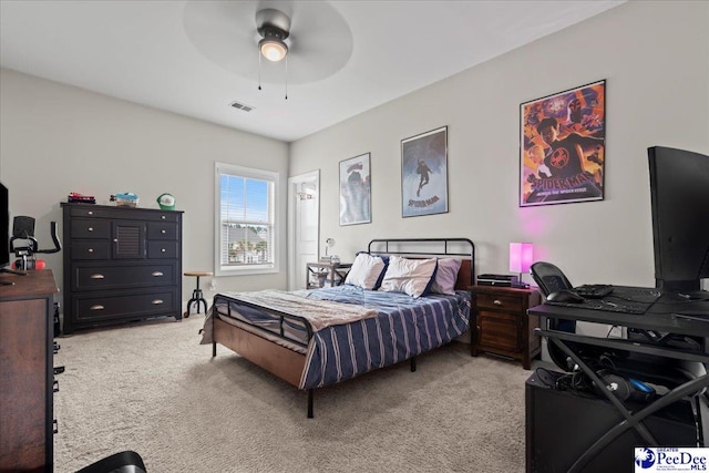 207 Compass Trl, Blythewood, SC 29016 - bedroom featuring visible vents, light colored carpet, and ceiling fan