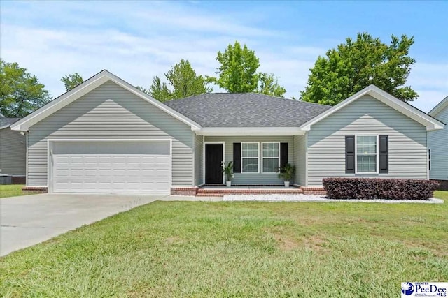 3324 Spiral Ln, Effingham, SC 29541 - ranch-style house featuring a porch, concrete driveway, a garage, a front yard, and a shingled roof