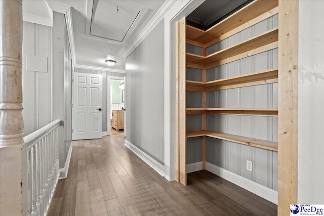 821 W Shirley Rd, Pamplico, SC 29583 - corridor with wood finished floors, crown molding, baseboards, and attic access