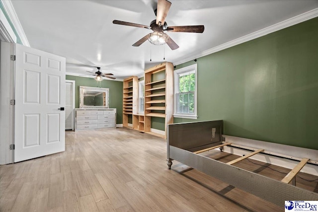 821 W Shirley Rd, Pamplico, SC 29583 - unfurnished bedroom with wood finished floors, crown molding, and ceiling fan