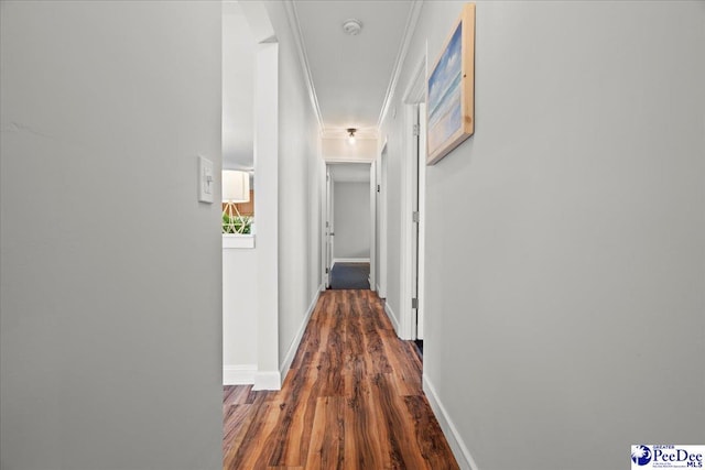 hall with baseboards and dark wood finished floors