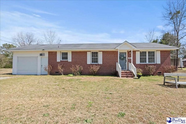 ranch-style home with crawl space, a front lawn, brick siding, and an attached garage