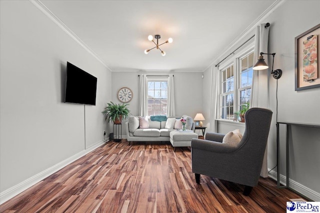 living room featuring baseboards, wood finished floors, and ornamental molding