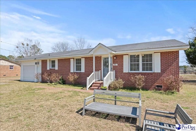 ranch-style house with brick siding, crawl space, a front yard, and a garage