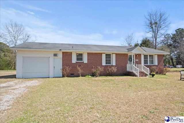 single story home featuring brick siding, crawl space, a garage, and driveway