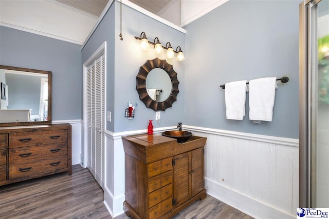 bathroom featuring crown molding, vanity, wood finished floors, and wainscoting