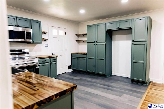 306 Mimosa Dr, Cheraw, SC 29520 - kitchen with appliances with stainless steel finishes, open shelves, wooden counters, crown molding, and recessed lighting