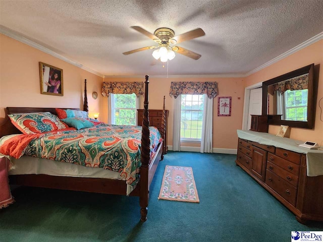 129 Golf Course Rd, Hartsville, SC 29550 - bedroom with ornamental molding, dark carpet, a textured ceiling, baseboards, and ceiling fan