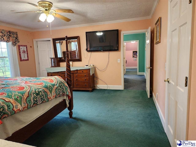 129 Golf Course Rd, Hartsville, SC 29550 - bedroom featuring carpet floors, ornamental molding, a textured ceiling, baseboards, and a ceiling fan