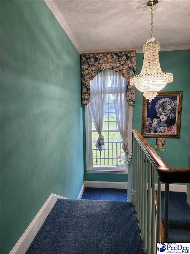 129 Golf Course Rd, Hartsville, SC 29550 - stairway with ornamental molding, a chandelier, baseboards, carpet flooring, and a textured ceiling