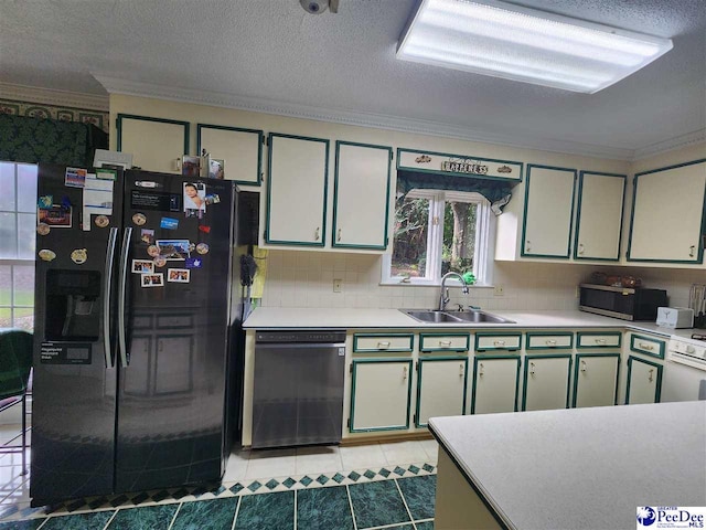 129 Golf Course Rd, Hartsville, SC 29550 - kitchen with a sink, dishwasher, black fridge with ice dispenser, stainless steel microwave, and crown molding
