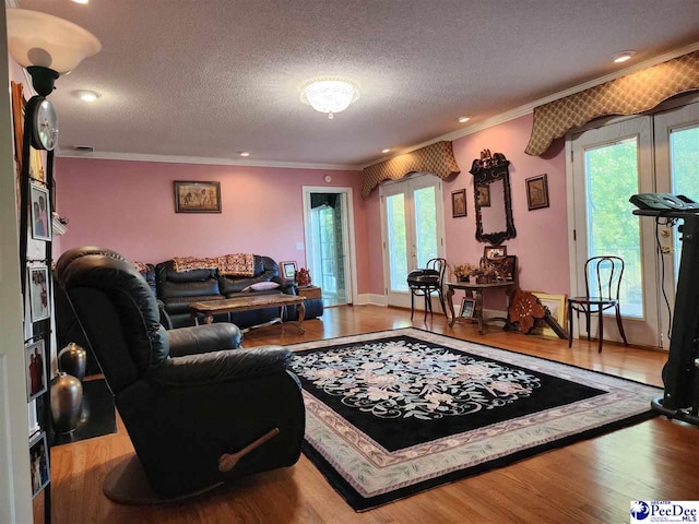 129 Golf Course Rd, Hartsville, SC 29550 - living room featuring crown molding, wood finished floors, and a textured ceiling