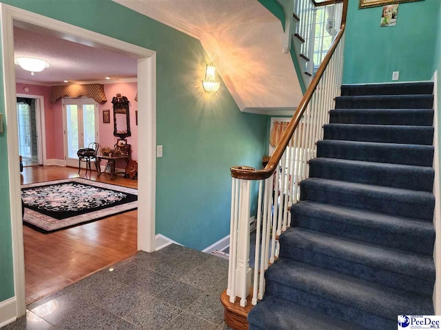 129 Golf Course Rd, Hartsville, SC 29550 - staircase with ornamental molding, granite tiled floors, and baseboards