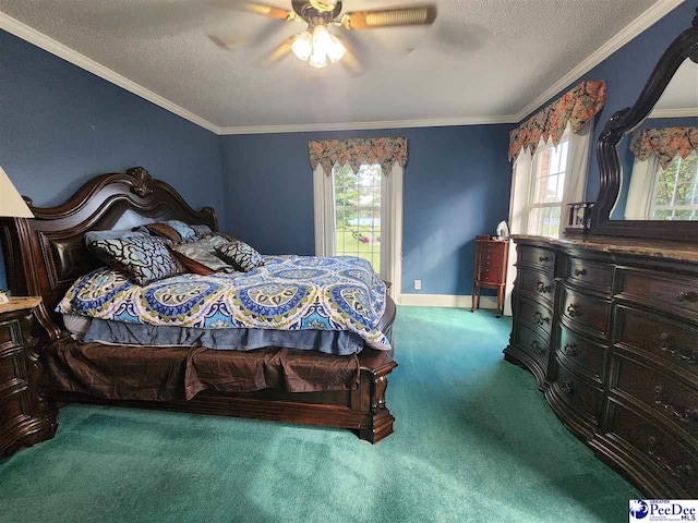 129 Golf Course Rd, Hartsville, SC 29550 - carpeted bedroom featuring a textured ceiling, multiple windows, baseboards, crown molding, and ceiling fan