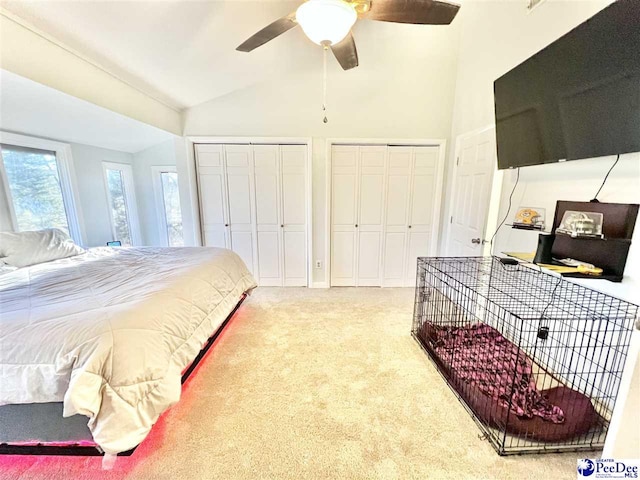 carpeted bedroom featuring vaulted ceiling, a ceiling fan, and multiple closets