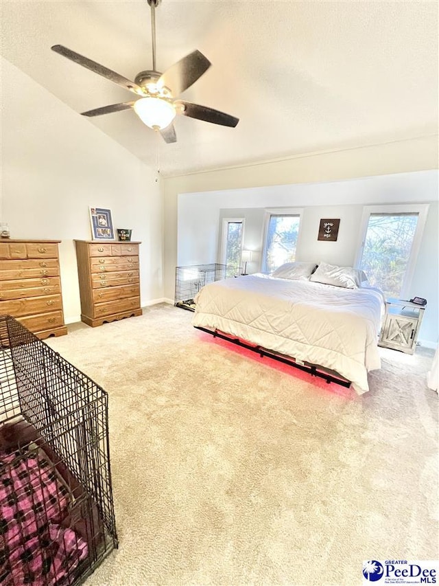 bedroom with lofted ceiling, multiple windows, carpet, and baseboards