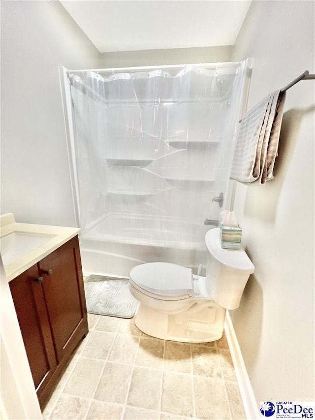 full bath featuring shower / washtub combination, toilet, and vanity