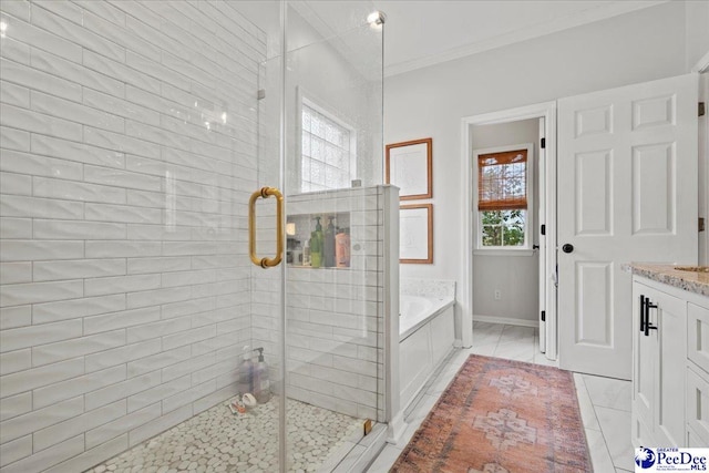 bathroom featuring vanity, tile patterned flooring, crown molding, and independent shower and bath