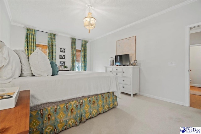 bedroom featuring crown molding, light colored carpet, and an inviting chandelier