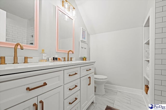 bathroom with vanity, lofted ceiling, and toilet