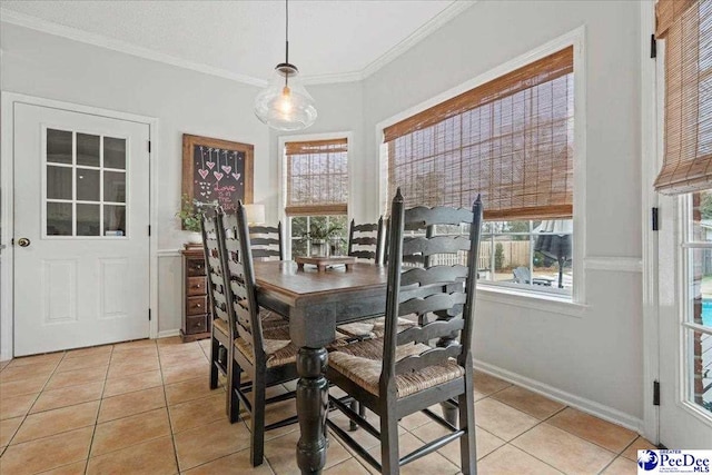 tiled dining area with ornamental molding and plenty of natural light