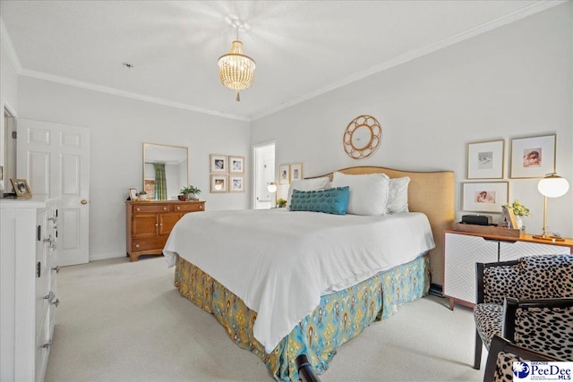 carpeted bedroom featuring crown molding and a chandelier