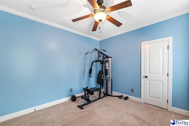 workout room with crown molding, light colored carpet, and ceiling fan