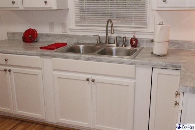 kitchen with white cabinetry, wood-type flooring, and sink