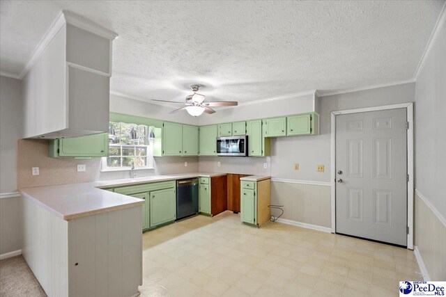 kitchen featuring a textured ceiling, ornamental molding, green cabinets, ceiling fan, and stainless steel appliances