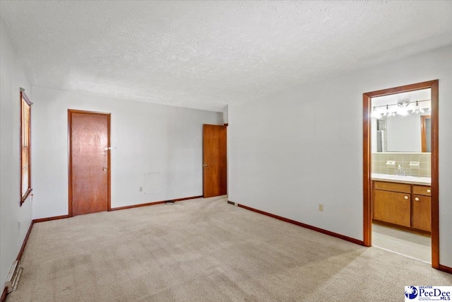 empty room featuring sink, light carpet, and a textured ceiling