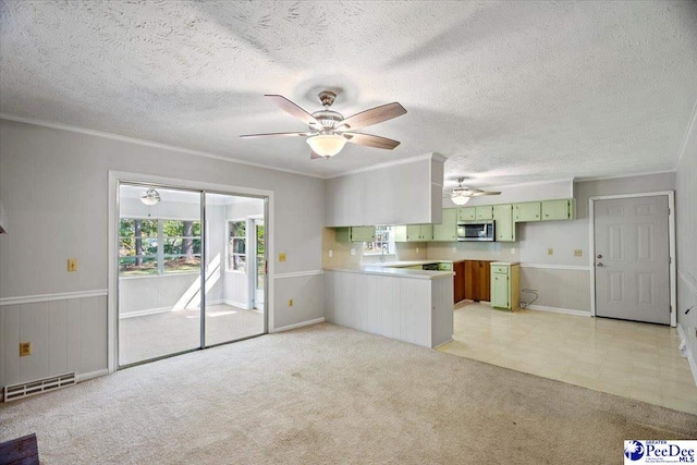 kitchen with light colored carpet, ornamental molding, kitchen peninsula, and a textured ceiling