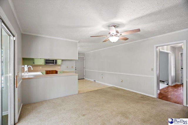 interior space featuring crown molding, green cabinetry, sink, and light colored carpet